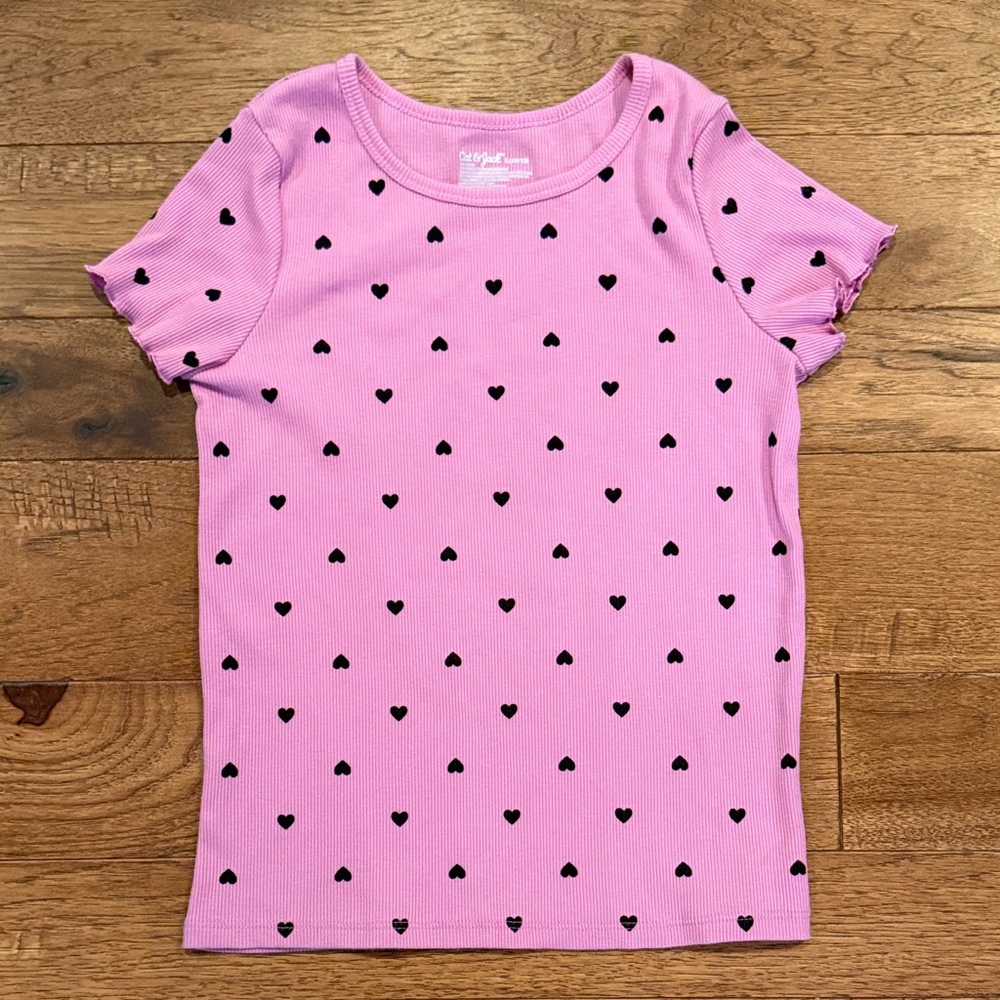 Cat & Jack Girls Short-Sleeve Purple Ribbed Shirt - Hearts - Size L (10/12)
